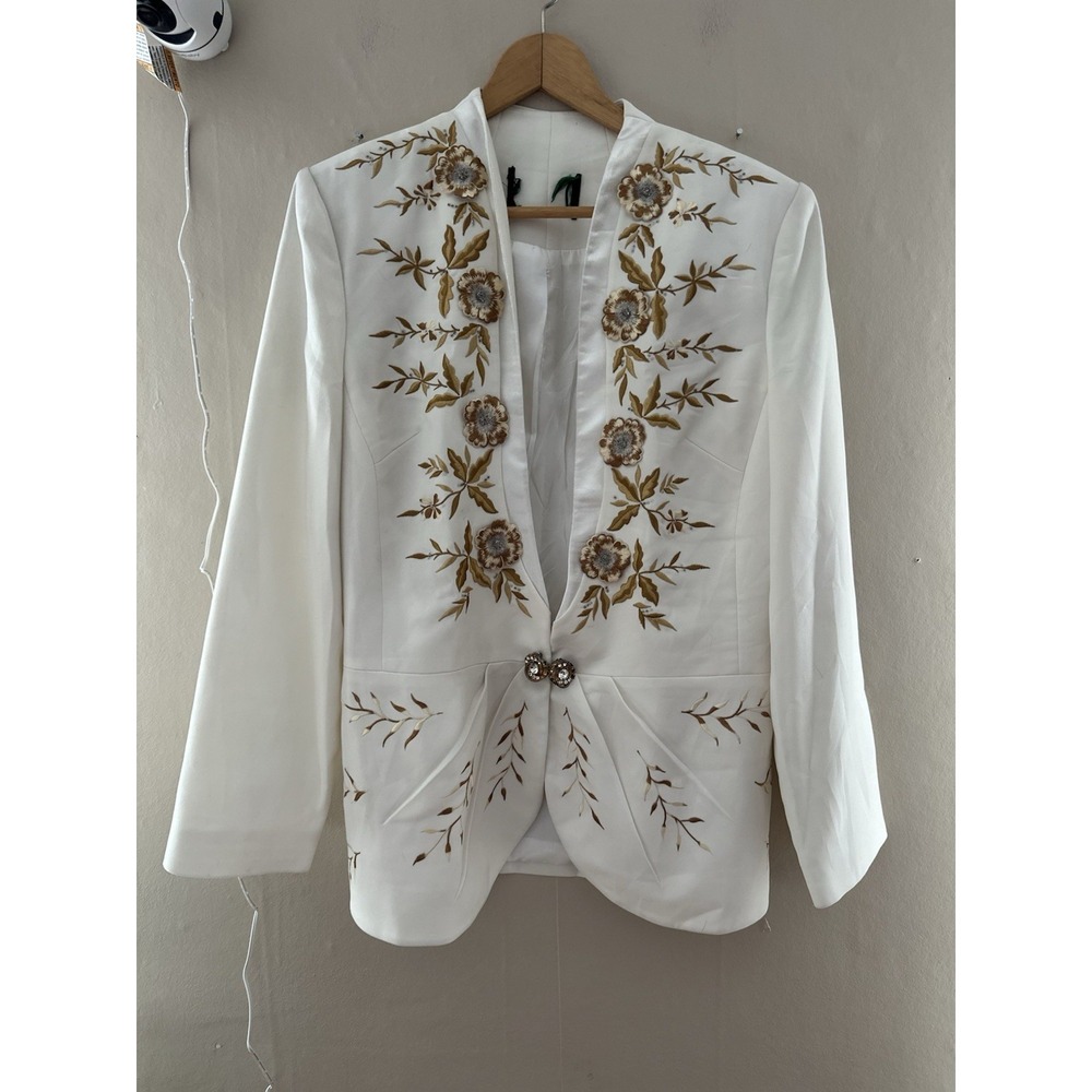 Womens Floral Embroidered Blazer Size M White Gold Delicate Chic Gala Boho Folk
